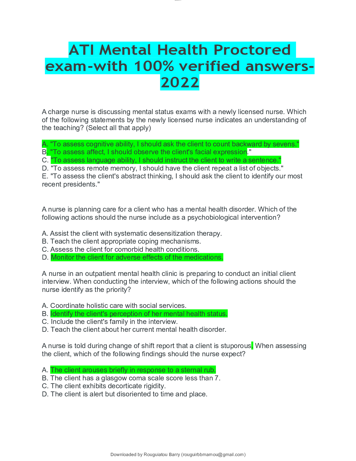 ATI Mental Health Proctored examwith 100 verified answers2022